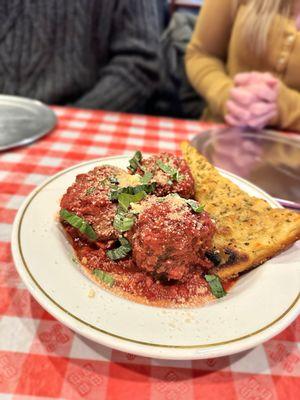 Meatballs- Three House Meatballs made with Beef and Pork/Tomato Sauce/Parmigiano/Fresh Basil/Served with Italian Bread