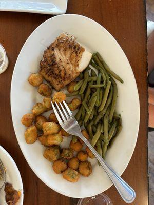 Seabass, fried okra, green beans