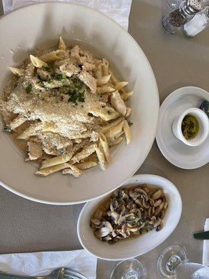 The famous creamy Gorgonzola penne pasta with mushrooms and chicken.