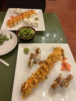 Regan's roll (again) with an eel roll and in top plate Javier's roll and crab roll