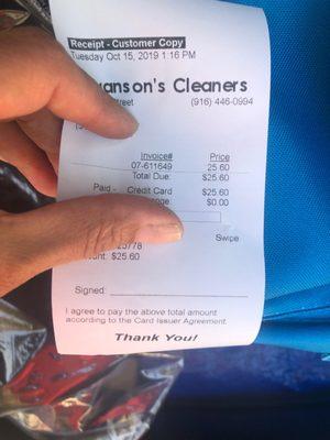 $25 & change for 2 pieces??? TWO?? This is the 1st and LAST time I'll be using this dry cleaner. The prices are RIDICULOUS. *thumbs down*