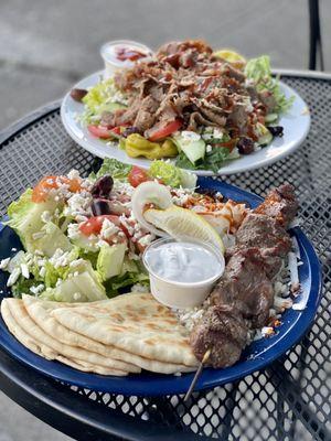 Gyro salad, Lamb Souvlaki plate