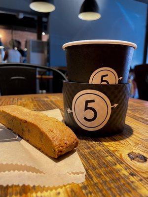 Small medium roast drip coffee and pumpkin pecan biscotti