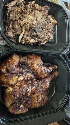 Pulled pork and whole chicken