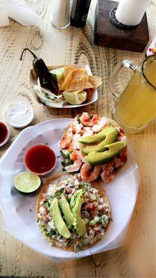 Ceviche de Pescado in the front and Tostada de Cameron weekly obsession $5.99 each