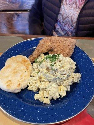 Fried quarter with Mac Salad and biscuit.  So tempting. Good lunch plate.