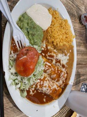 2 enchilada plate with shredded chicken and red sauce