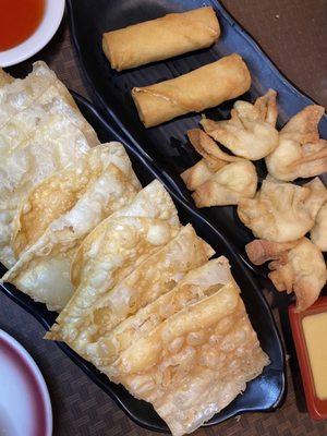 Fried Wontons, spring rolls, crab puffs