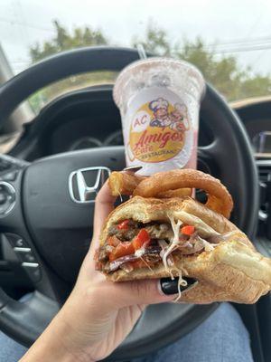 Strawberry Banana smoothie, Onion Rings, and Philly cheesesteak