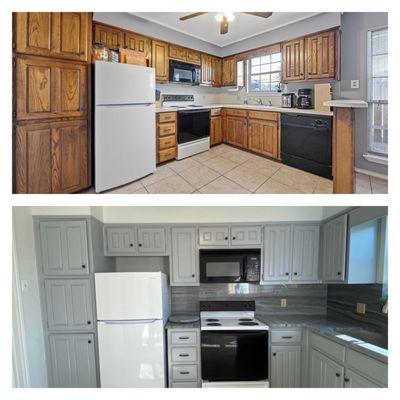 Top: before.     Bottom: after Yellow Rose painted cabinets