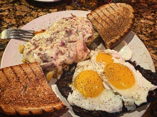 Black Diamond Steak & Eggs Creamed dried beef on home fries.