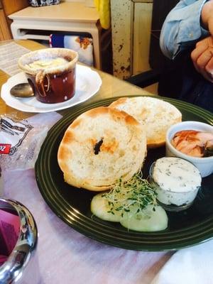 Smoked salmon bagel with side potato bacon soup