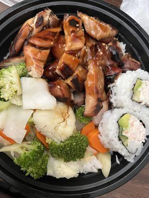 Teriyaki Bowl with white rice, veggies and two pieces of California roll