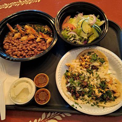 Garlic shrimp w/beans, salad 2 street chicken tacos and 1 street steak taco !! Crazy Yummy Trio!