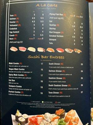 Menu a la carte sushi