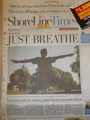 Our front page article in the Shoreline Times about FREE Yoga Classes for Veterans, Service People and Everyone Else on the Madison Green.