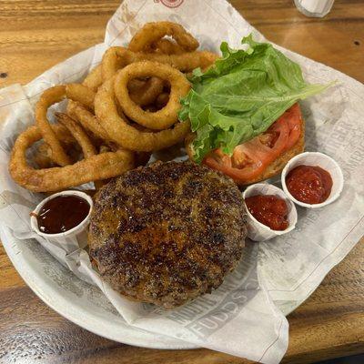 Elk burger with rings.