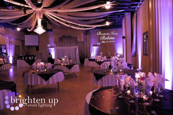 Beautiful purple uplighting at the Uptown Ballroom. Uplighting + Monogram by Brighten Up Event Lighting www.brightenuplighting.com