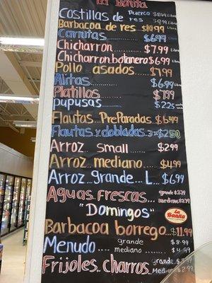 Hot food menu. The barbacoa is delicious