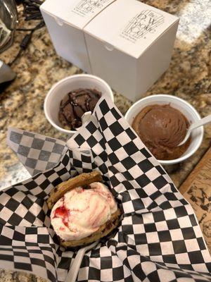 Raspberry Cheesecake ice cream with two cranberry cookies. Warmed up Chocolate chip cookies with chocolate ice cream on top