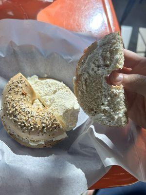 Everything Bagel with Cream Cheese...all the cream cheese stuck to the other half and you can see the bagel isn't even toasted