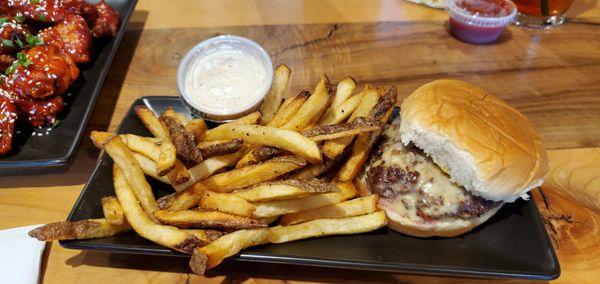 Old school  burger, 1/4lb  smash burger with grilled onions and mustard