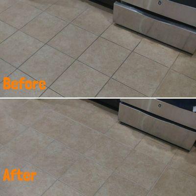 Before & after photo of a kitchen floor that was steam cleaned, restoring the grout to like new condition!