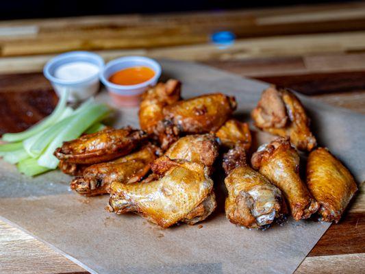 Beer-Brined Wings with a variety of flavors.