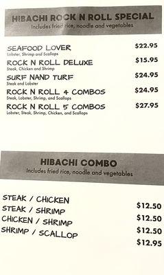 Hibachi specials and hibachi combos