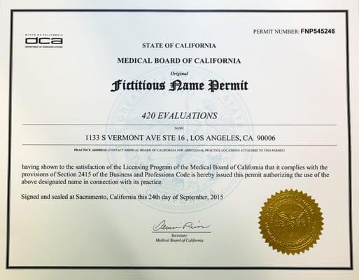 Permit issued by Medical Board Of California