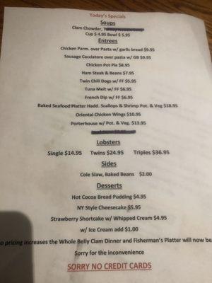 Specials menu