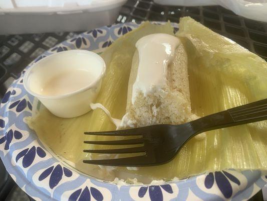 Tamal de elote: Sweet corn tamal.