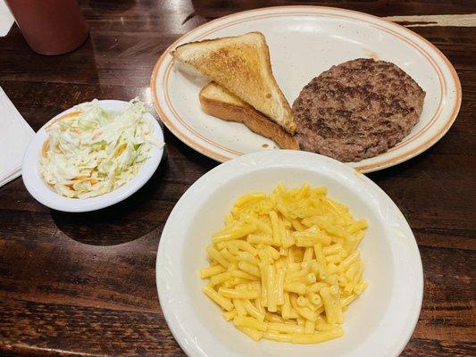 Ground steak dinner with Kraft Mac n Cheese, Coleslaw, and Texas toast