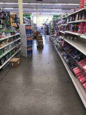 Messy aisles on delivery day... but please note that no one is working on getting these products up on the shelves.