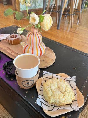 Peach scones with regular coffee; a donut candle in the background!