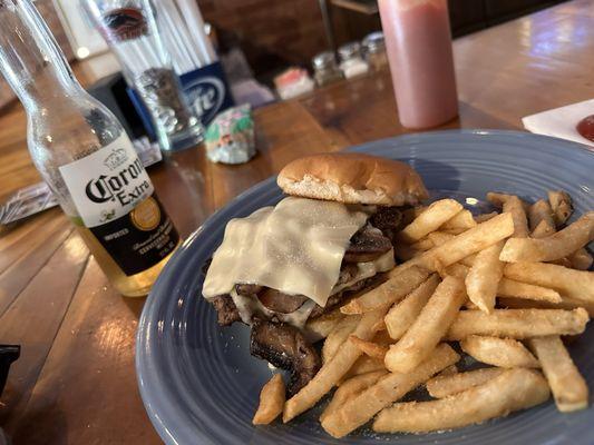 Mushroom Swiss burger & fries