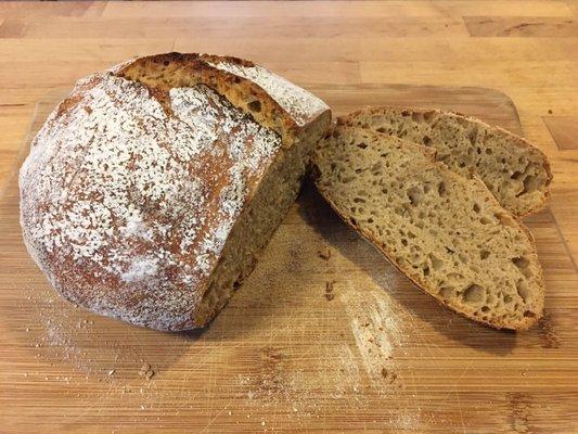 Good flavor, soft crumb. Didn't get the large air pockets like industrial flour - a little more experimentation needed.