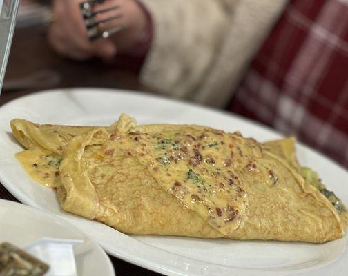 Broccoli bacon cheddar crepe