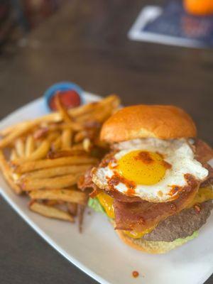 Breakfast burger and fries