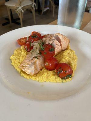 Slow Baked Salmon, corn pudding with a tomato vinaigrette