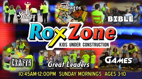 RoxZone is our exciting children's ministry! We sing songs, play games, learn Bible stories, make crafts, have prizes, and more!