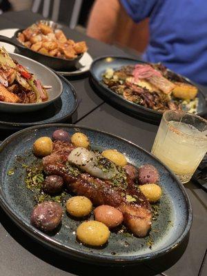 Dinner: NY Strip with scallops and herb mixed potatoes, redfish with lemon grits, Brussels sprouts and hen of the woods mushrooms