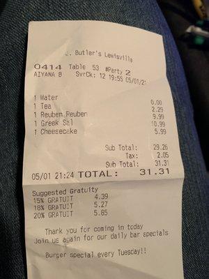 Dinner receipt.