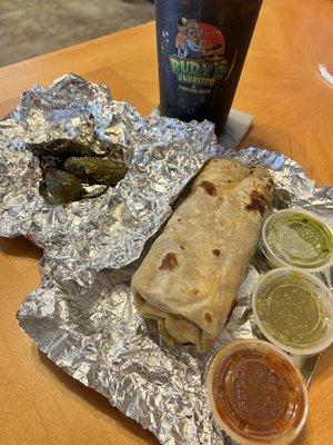 Potato Breakfast Burrito, grilled jalapeños, 2 oz. Guacamole, and large soft drink.