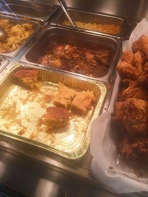 Corn Bread, Mystery Chicken in Oil, Corn