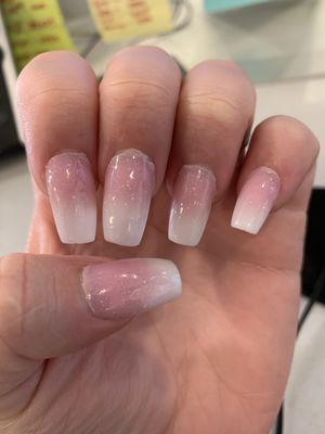 Gel ombré nails, acrylic stuck to the skin