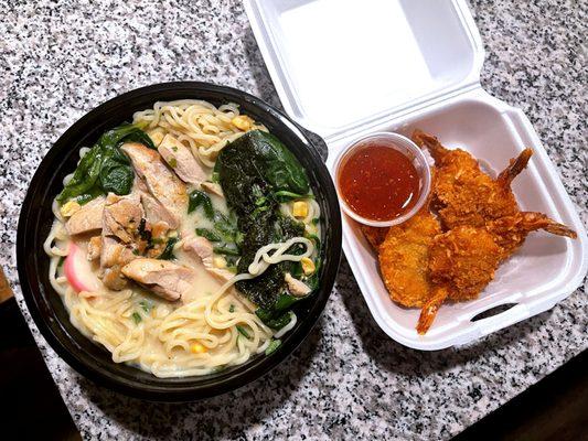 ramen with chicken & coconut shrimp - sora (delivered by doordash) - bend