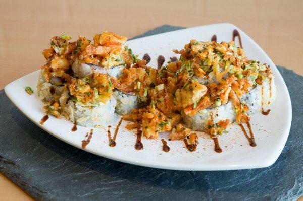 Admiral Crunch Roll - Deep Fried Roll filled with Tempura Shrimp, Krab Mix, Avocado, Cream Cheese with Tempura Krab, Honey Truffle, etc.