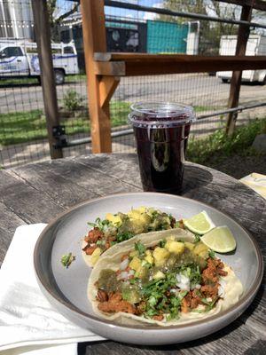 Tacos al Pastor and Hibiscus Mint Agua Fresca. Best tacos in Eugene.