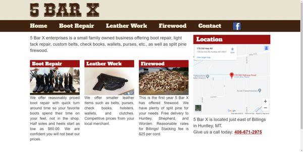 Website built for 5 Bar X Leather Work and Boot Repair located in Huntley, Montana.